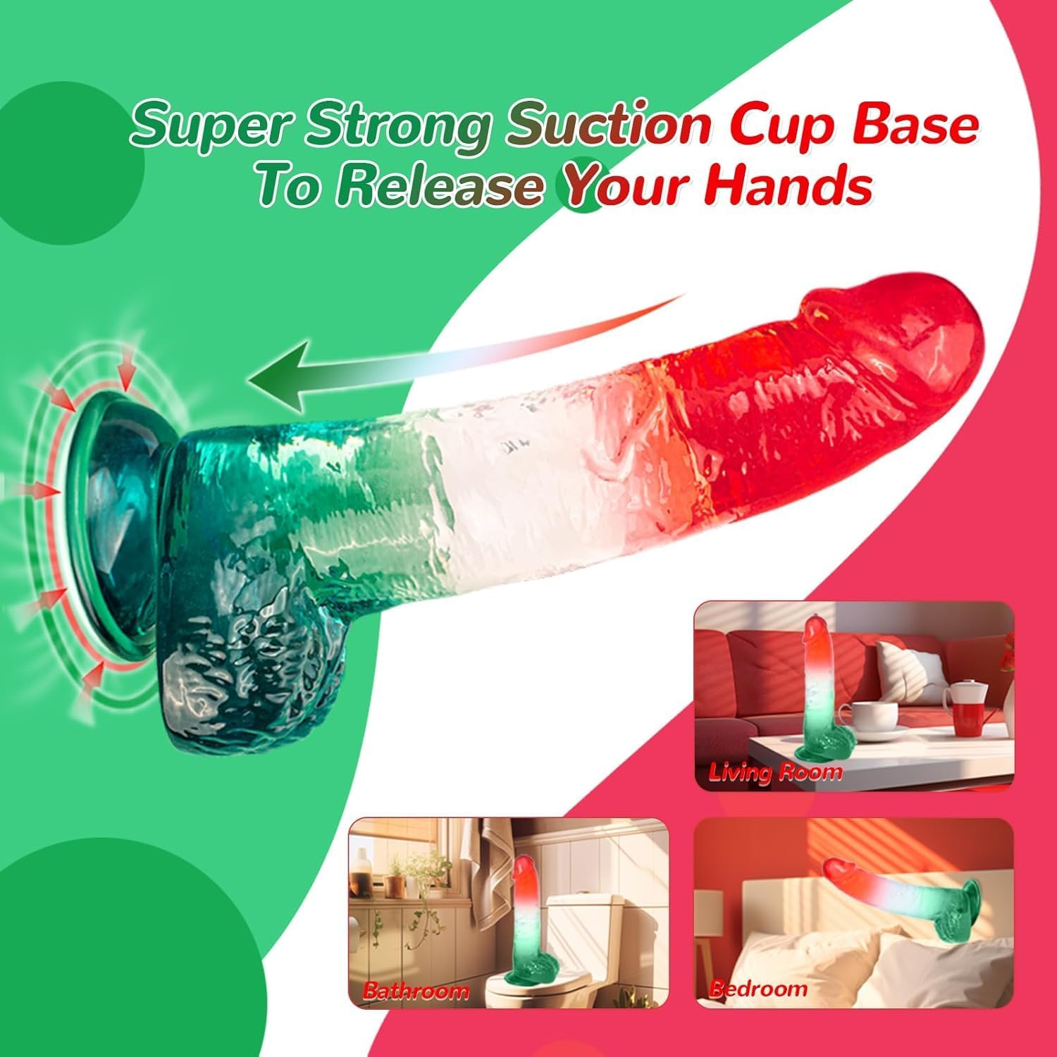 Yukaione Thick Clear Dildo 2.35&ldquo; Diameter 11&rdquo; Long, G-Spot Anal Dildo with Powerful Suction Cups, Red Blue Jelly Soft Real Dildos for Women Couples Male Adult Sex Toys with Strap on Penis Female Sex Toys (Red Green) image number 6