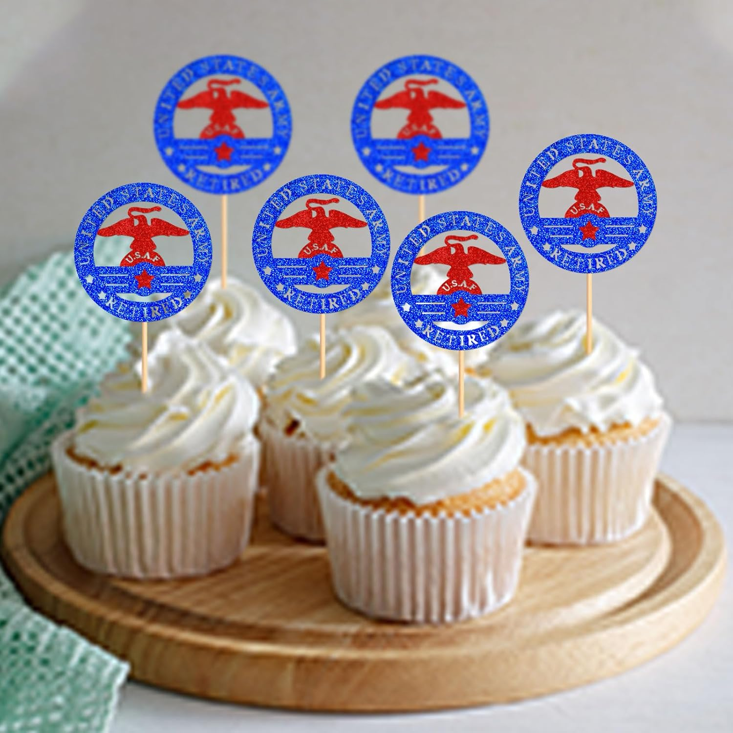 24PCS Military Themed Cupcake Toppers Badge Military Themed Retired Cupcake Picks Navy Bound Themed Cupcake Decorations Retirement Army Birthday Party Cake Decorations Supplies
