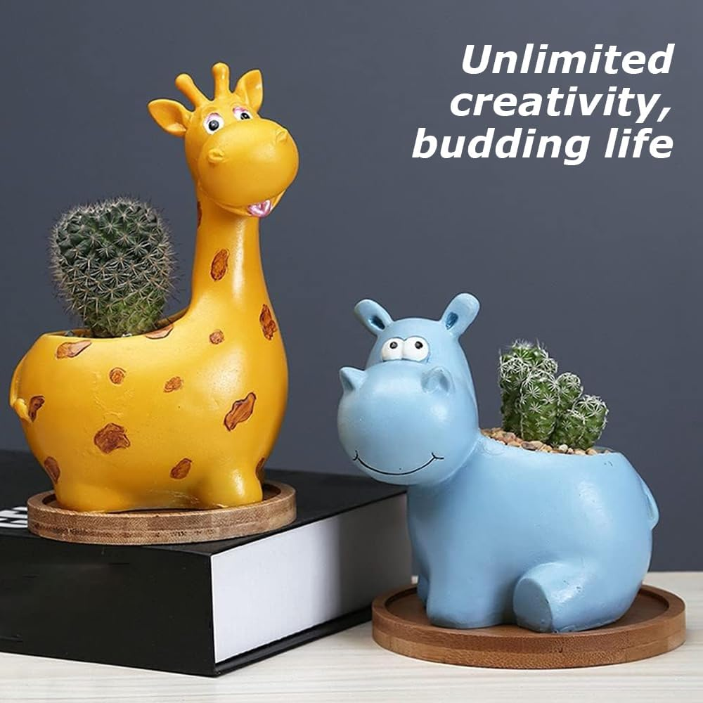 2 Pcs Animal Succulent Planter Pot with Drainage Hole, Giraffe Shape Small Succulent Pots, Hippo Resin Flower Pot, Mini Flower Planter Cartoon Planter, Cartoon Plant Containers image number 4