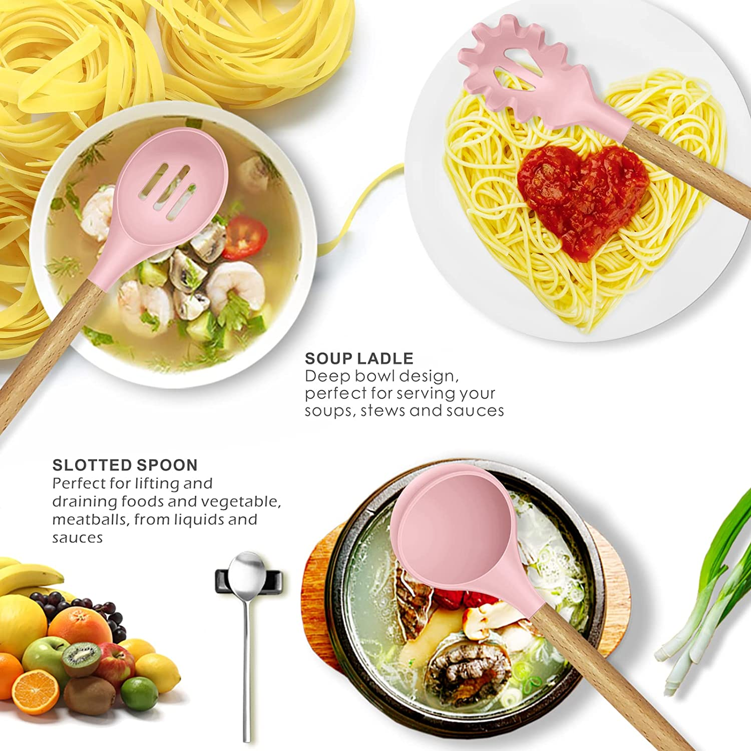 Silicone Kitchen Utensils Set - 446&deg;F Heat Resistant Cooking Utensil Sets, Spatula,Turner,Tongs,Spoon,Brush,Whisk, Wooden Handle Silicone Kitchen Gadgets Tools for Non-Stick Cookware BPA Free (Pink) - Colorful image number 7