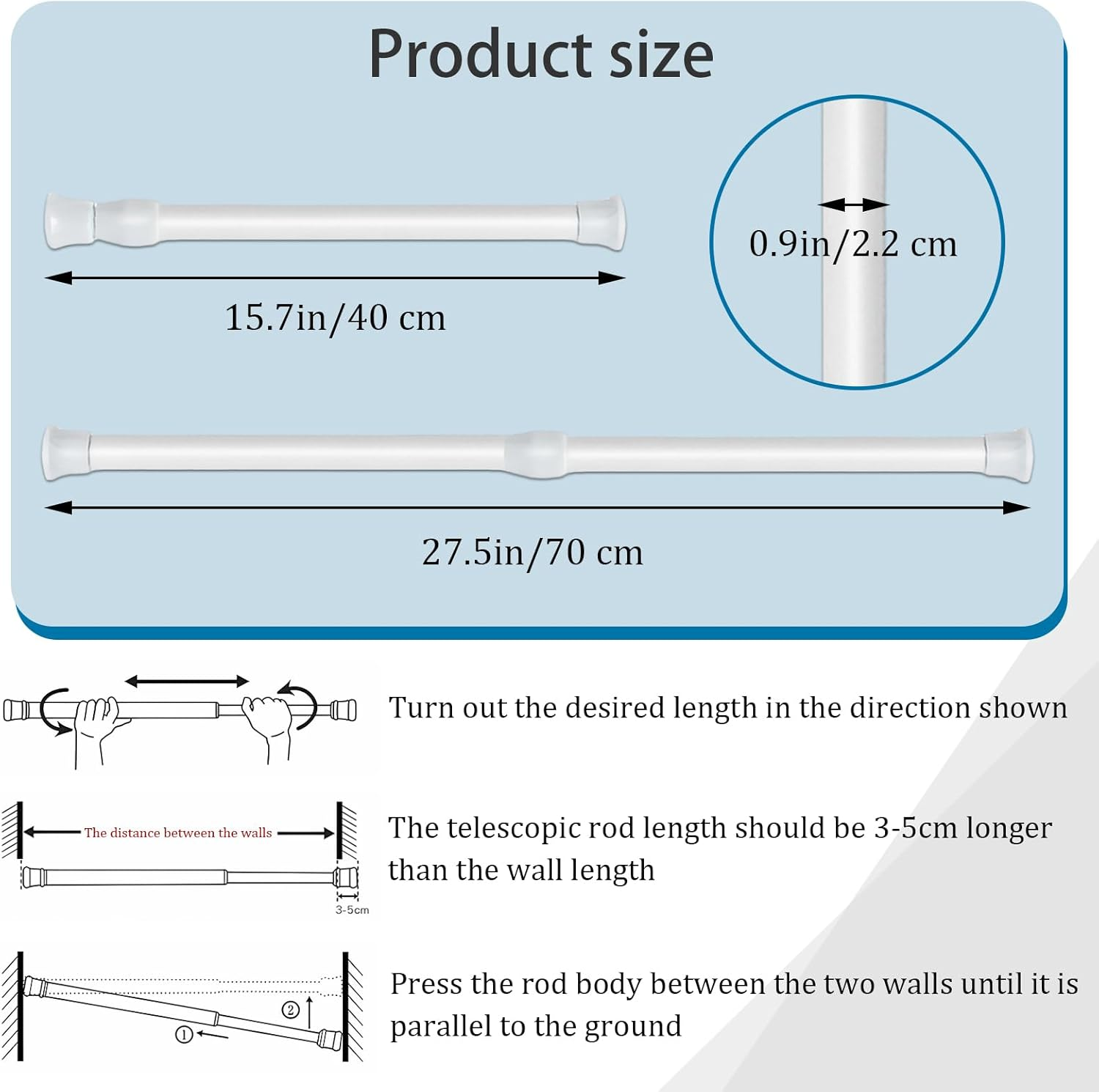 Sgphrzlt Adjustable Sliding Glass Patio Door Security Bar, 40-70Cm Extendable Small Tension Rods, Anti-Slip Window Safety Lock Bars, No Drill Short Curtain Rod, 2 Pack