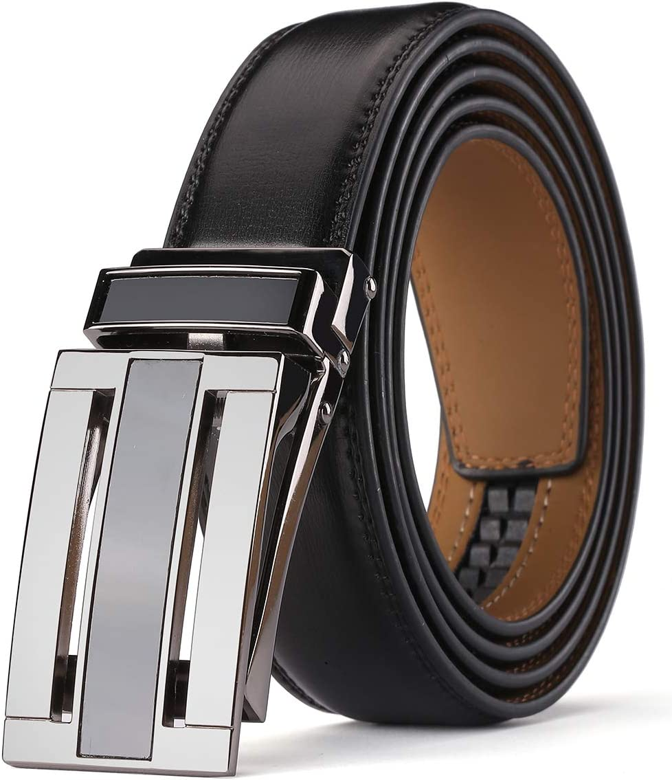 KAERMU Men'S Comfort Genuine Leather Ratchet Dress Belt 1 1/8" Wide with Automatic Click Buckle