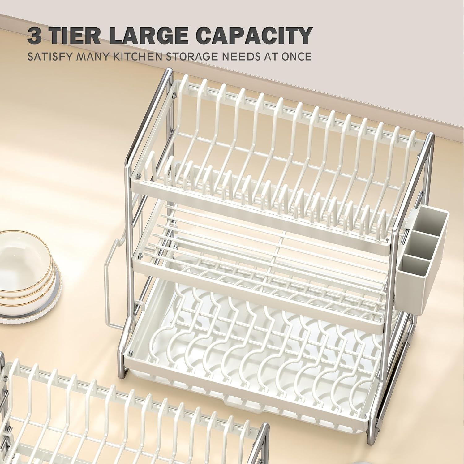 Hoisimdy Dish Drying Rack 3 Tier Kitchen Draining Rack Large Capacity with Cutlery Holder Drip Tray image number 5