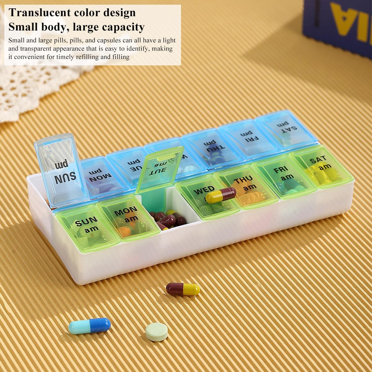 Berglander Pill Organizer 7 Day 2 Times a Day, Large Weekly AM PM Pill Box, Day Night Medicine Organizer, Pill Case 2 per Day, Pill Container Twice a Day Blue and Green Lid image number 5