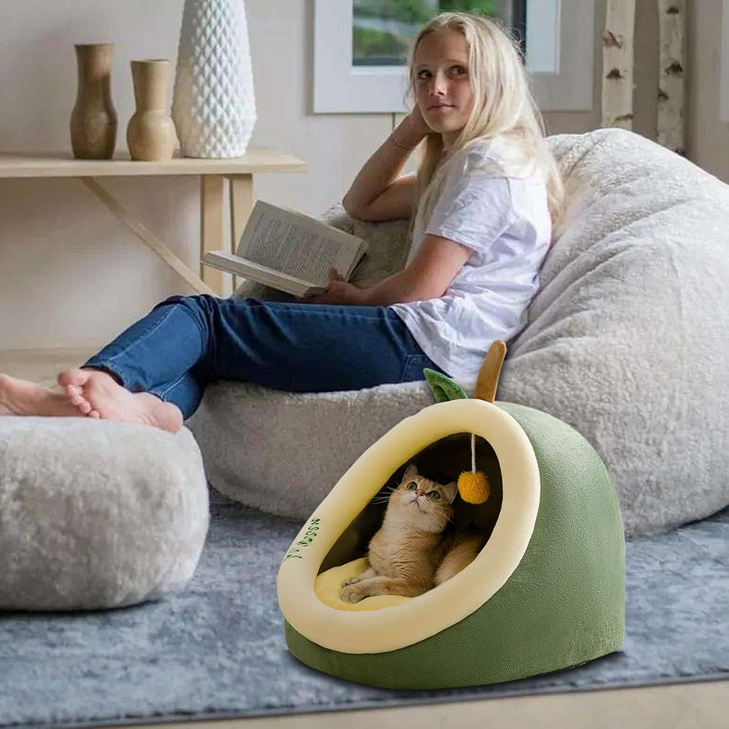 Cat Bed, Self-Warming Cat Tent Cave for Kittens and Small Dogs Semi-Closed Cat House Hut with Washable Cushion for Outdoor and Indoor (Yellow Penguin, Small)