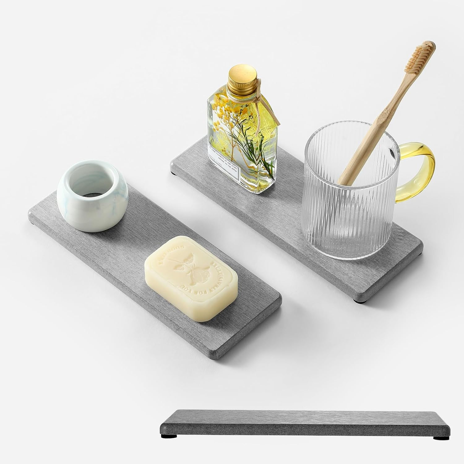 2PCS Water Absorbing Stone Drying Tray Mat for Bathroom Sink & Kitchen Counter Faucet Organizer Decor, Quick Dry Dish Soap Dispenser Sponge Holder, Vanity Sink Caddy Bar Coaster,White-8"*3.8"