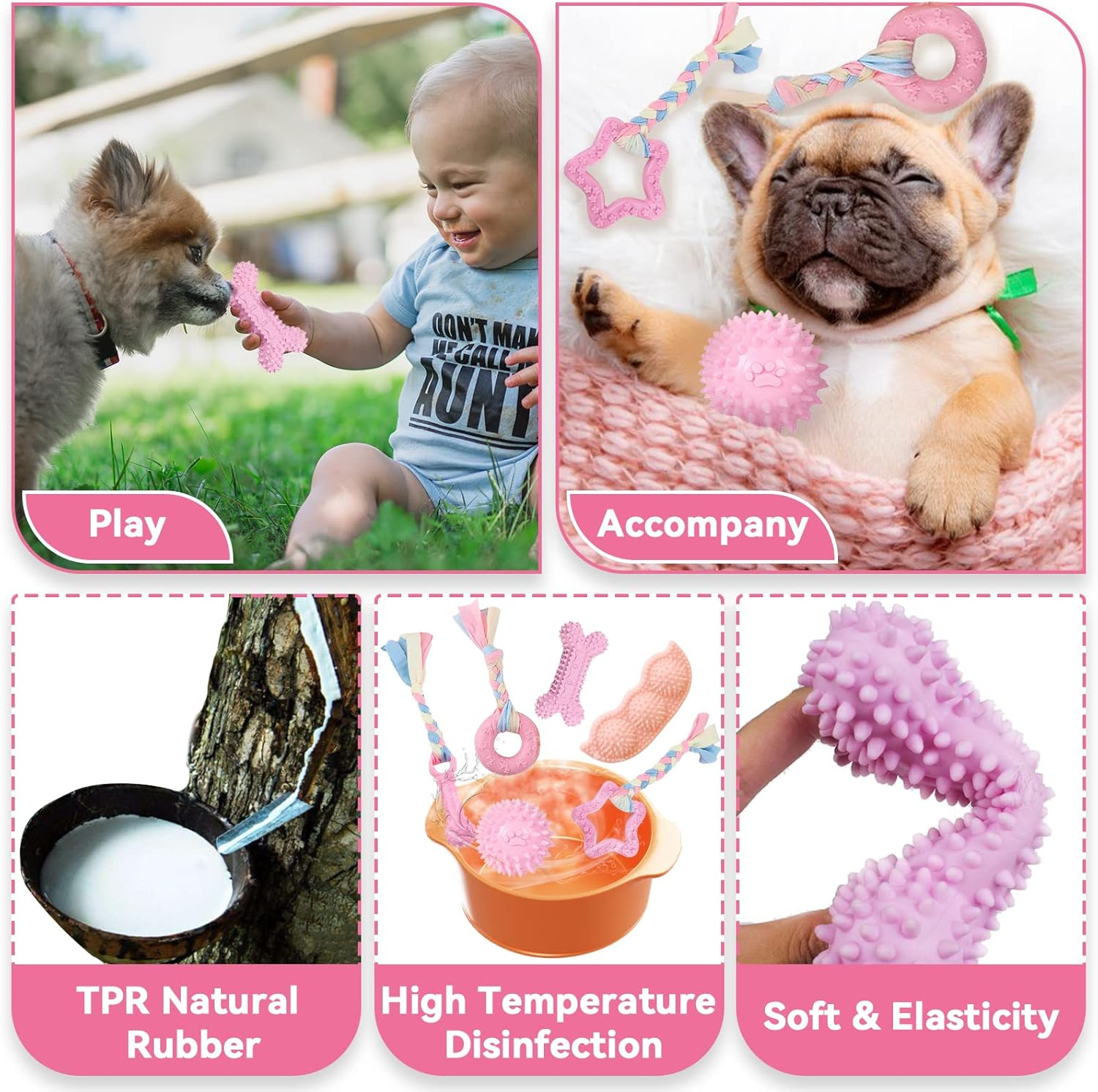 Petcare 6 Pack Puppy Chew Toys for Teething - Cute Pink Soft Rubber Rope Balls for Small Dogs, Yorkies - Fun Bones Clean Teeth image number 4