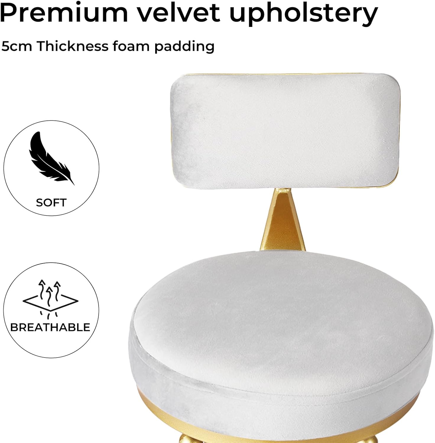 LEVEDE 2X Bar Stools Height Adjustable, 360&deg; Swivel Bar Chairs with Backrest and Footrest, Velvet Seat Kitchen Counter Stools for Home Bar, Dining Room, Cafe, 150Kg Capacity (White) - White image number 4