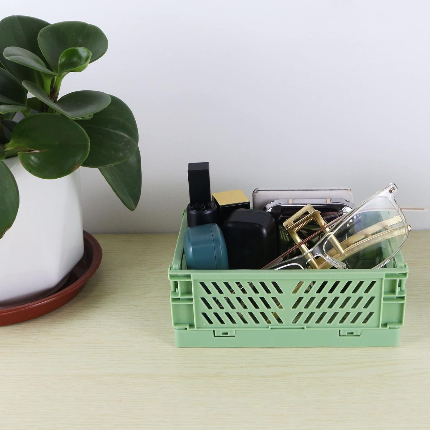 Tixill 2-Pack Mini Foldable Plastic Baskets for Organizing and Storage, Collapsible Storage Crate for Home Kitchen Bedroom Bathroom Office (5.9X3.8X2.2, Green) image number 5