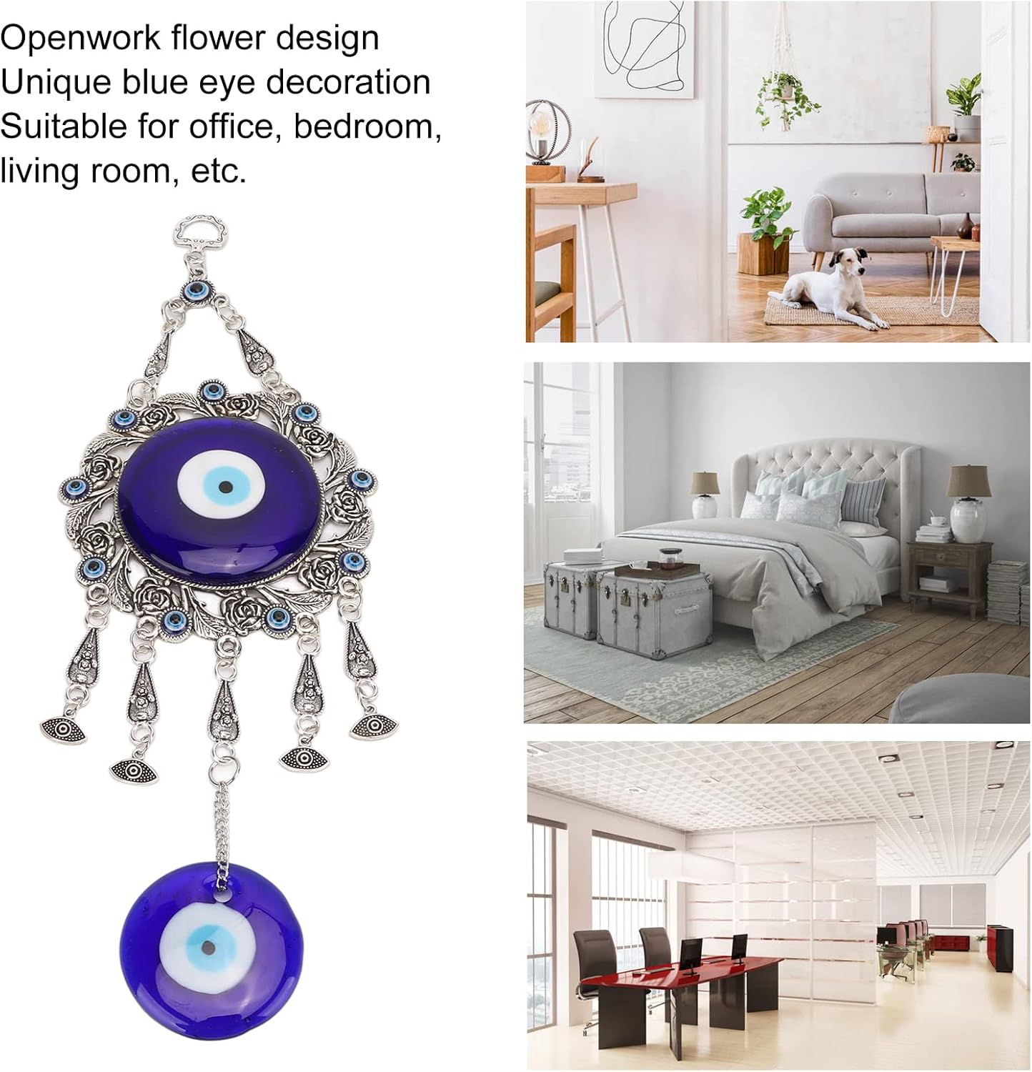 Turkish Glass Blue Evil Eye Wall Hanging Ornament, Hollow Flowers Wall Hanging Amulet, Delicate Blue Glass Metal Home Decor, Evil Eye Decor for Good Luck in the Office, Living Room, Bedroom(1#) image number 6