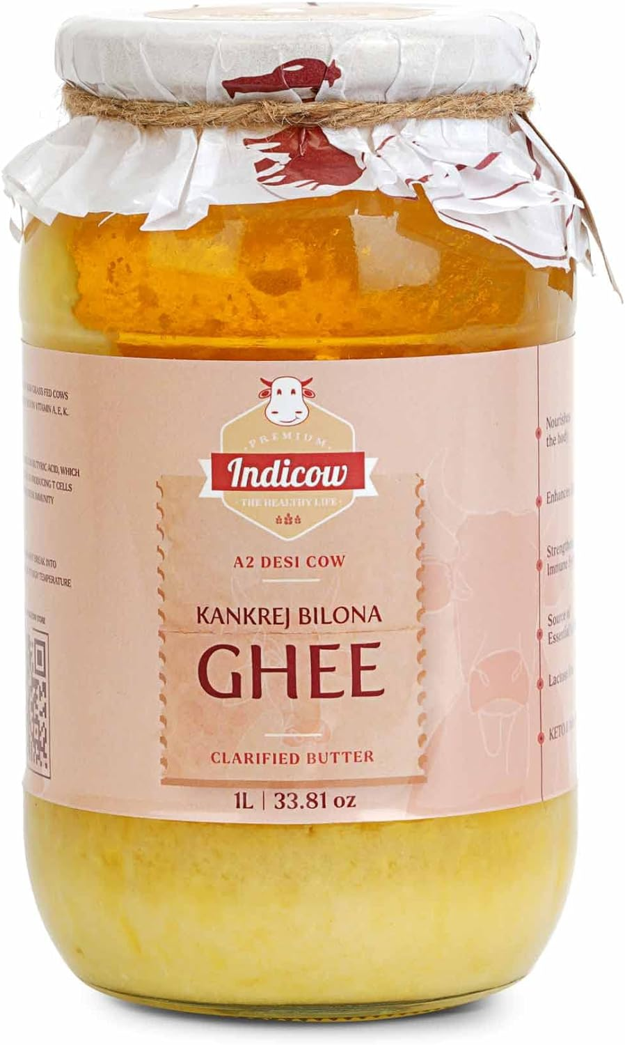 Indicow Farms A2 Cow Ghee/Clarified Butter | Hand Churned, Bilona | Organic Grass Fed Ghee | Keto and Paleo Friendly (A2 Kankrej Cows Bilona, 1000Ml/33.8Oz) image number 3