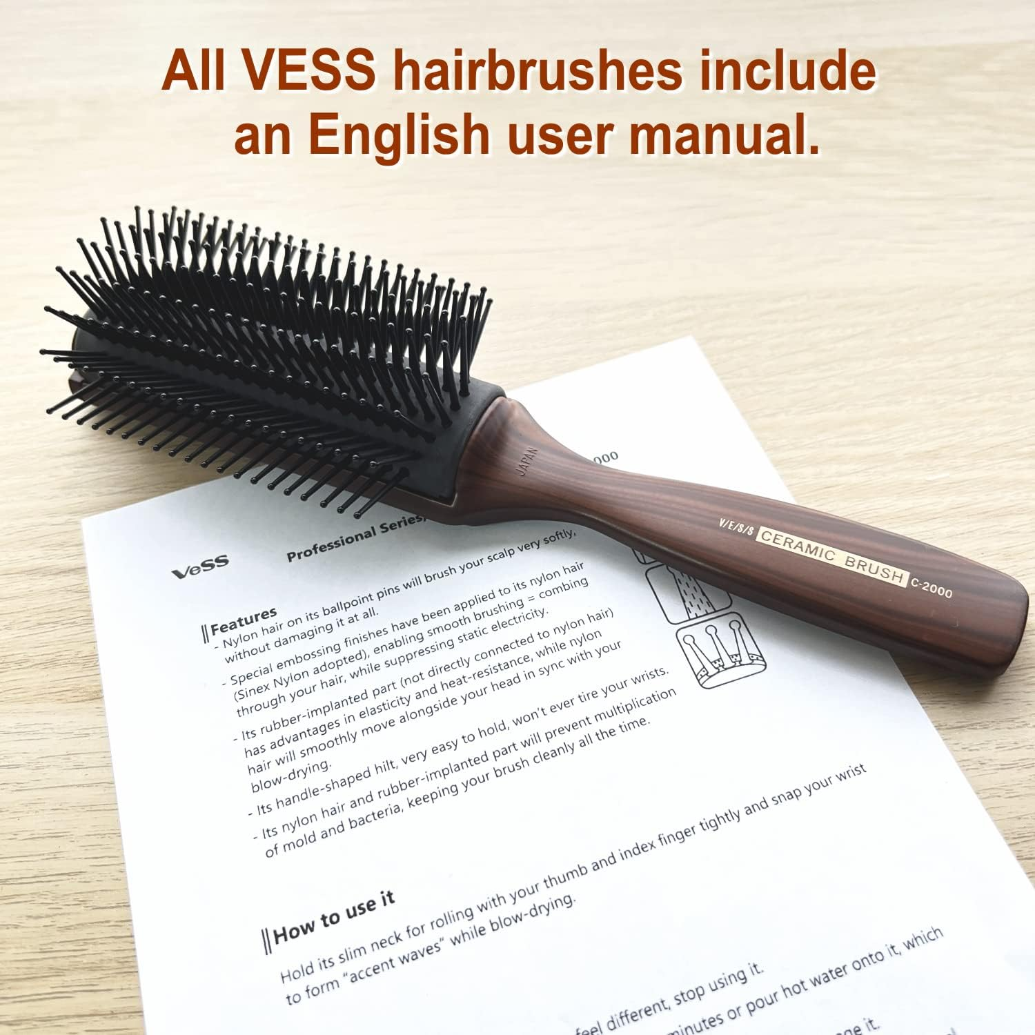 Vess C-2000 Professional Hair Brush Tourmaline Ceramic 9 Row round Tip Curved Pad Anti-Static Natural Rubber Specialized Pin Structure image number 3