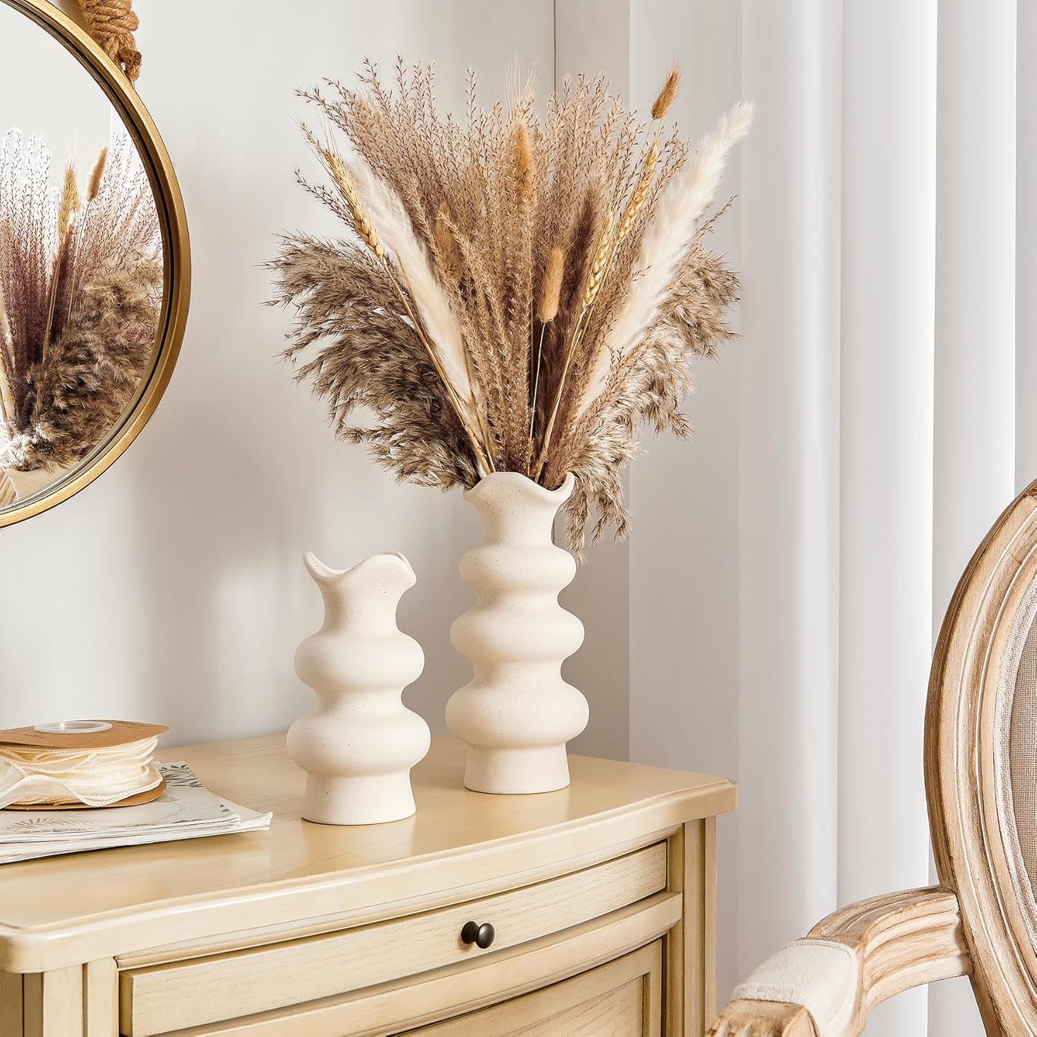 Modern Decorative White Ceramic Vases for Home Decor 8.3 Inch, Fall Minimalist Vase for Pampas Grass, Boho Flower Vase, Aesthetic Cream Vase image number 2