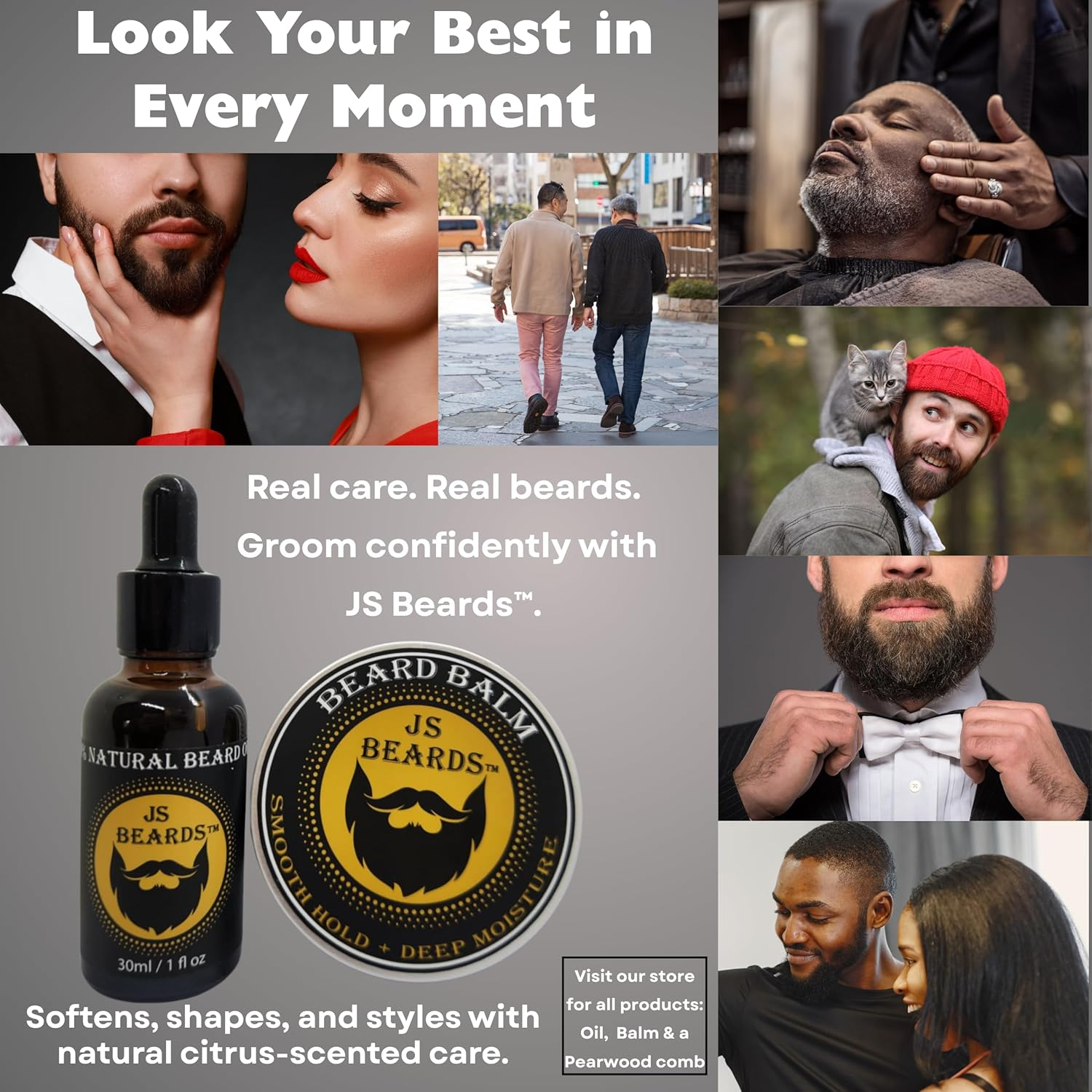 JS Beards All Natural Beard Care Collection 4Pc Grooming Kit &ndash; Oil, Balm, Pearwood Comb, & Jute Storage Pouch &ndash; Men&rsquo;S Gift - No Parabens No Silicone - by Jane Sweetpea