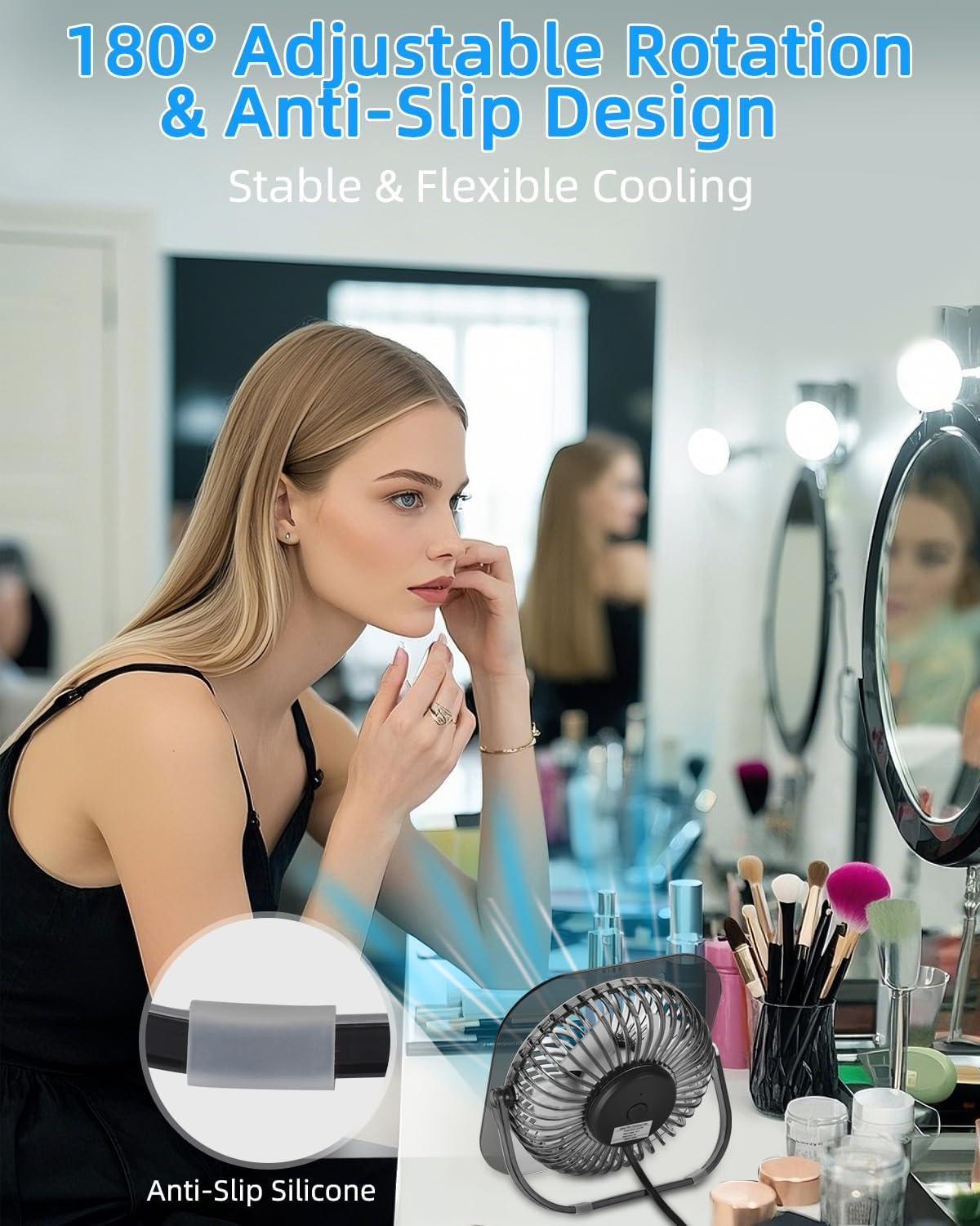 GOBRILLFUN Desk Fan with 3 Speeds, 180&deg; Rotation & Anti-Slip Base &ndash; Usb-Powered RGB Gaming Quiet Cooling Fan for Home, Office, Gaming &ndash; 20,000 Hr Durable Brushless Motor (Transparent Grey) image number 3