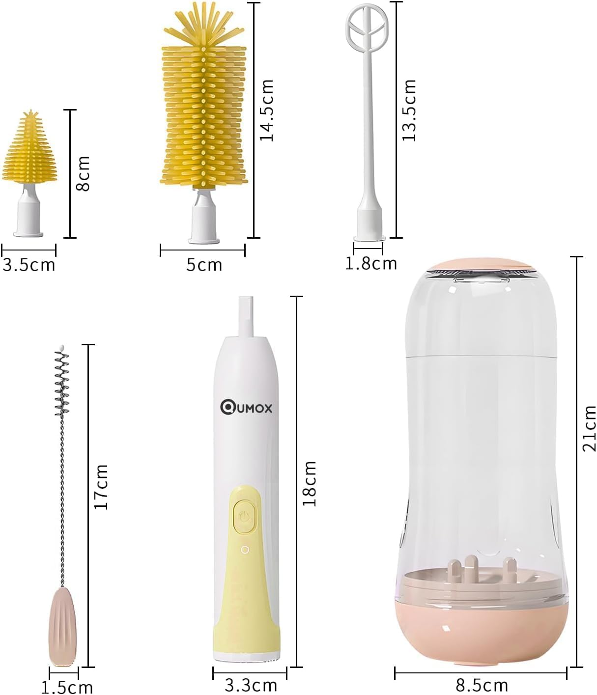 QUMOX Electric Baby Bottle Brush Set, 6-In-1 Rechargeable Cleaning Kit with Storage Case &ndash; Portable USB Charging Bottle Cleaner with Multiple Brush Heads for Bottles, Cups and Straws (Yellow) image number 6