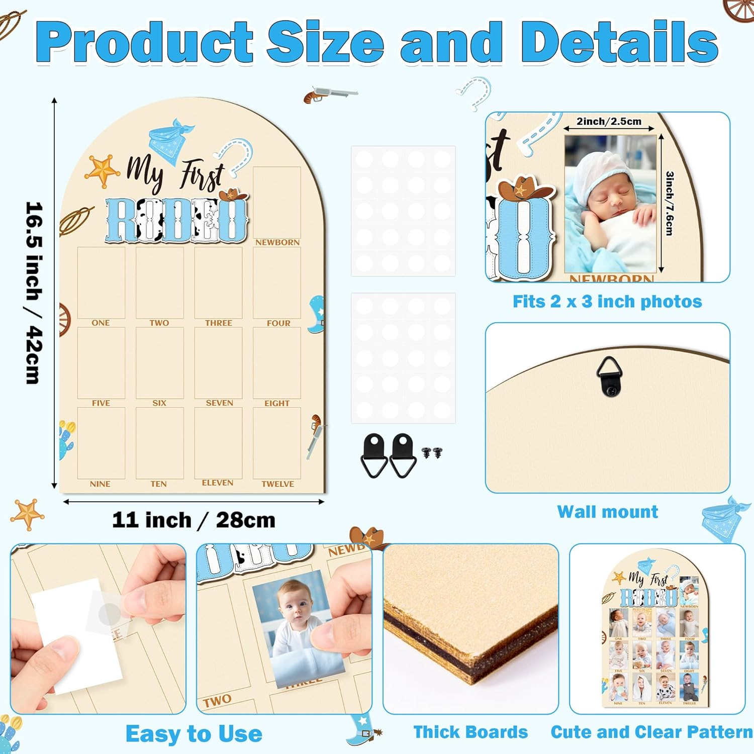 R HORSE 3D My First Rodeo Birthday Wood Photo Display Board, Blue Cowboy Baby'S First Year Picture Frame, 1-12 Months Milestone Board Birthday Decorations Keepsake Gift for Baby Boys Nursery Decor