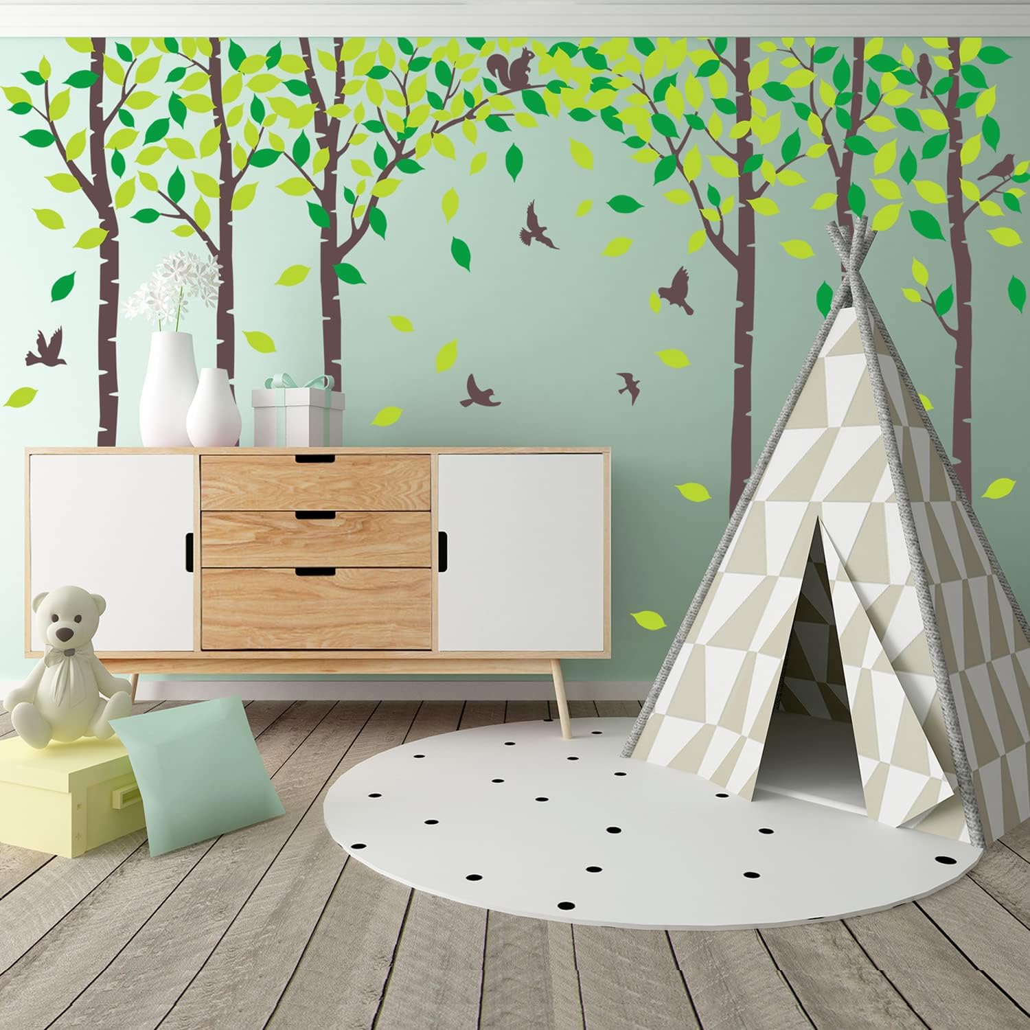 Six Birch Tree Wall Decals Birds Cute Squirrel Forest Wall Stickers for Kids Room Nursery Bedroom Living Room Classroom Decoration (Brown,Green) image number 5
