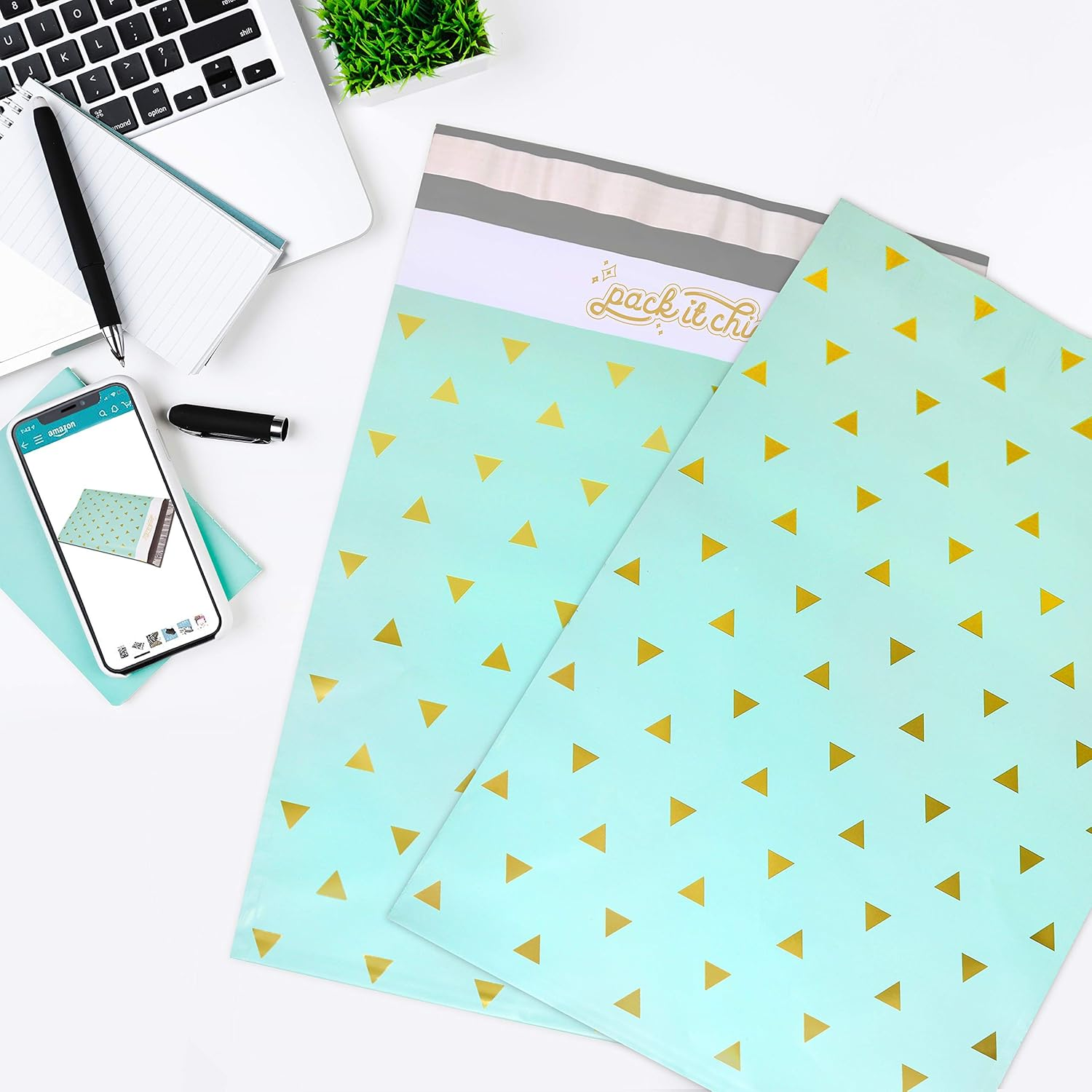 Pack It Chic - 10X13 (100 Pack) Mint Gold Triangles Poly Mailer Envelope Plastic Custom Mailing & Shipping Bags - Self Seal - Gingham Plaid image number 7