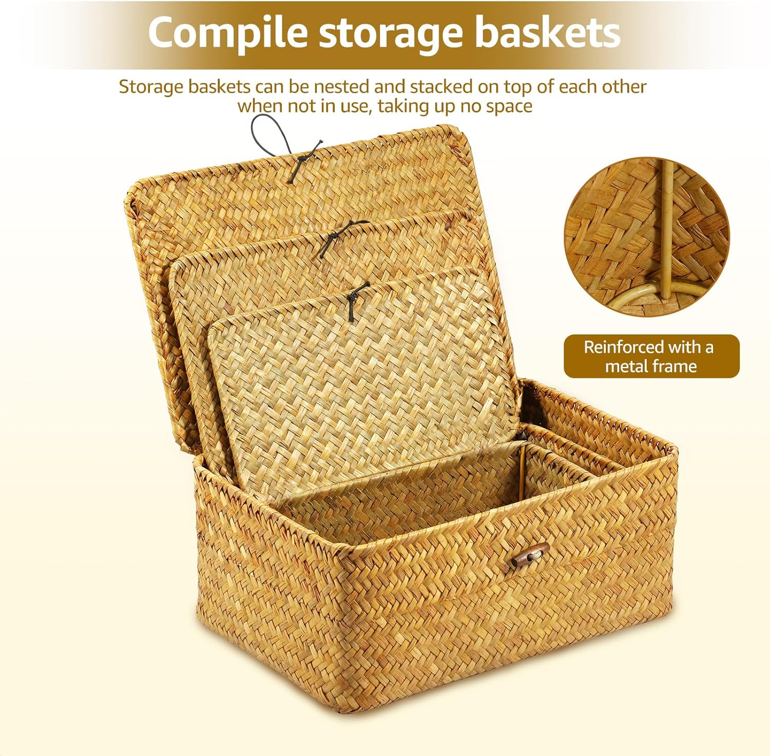 3 Pcs Hay Storage Basket - Handmade Woven Box with Lid, Sturdy Enduring Multifunctional Stackable Easy to Clean Basket for Toys Cosmetics Bathroom image number 6