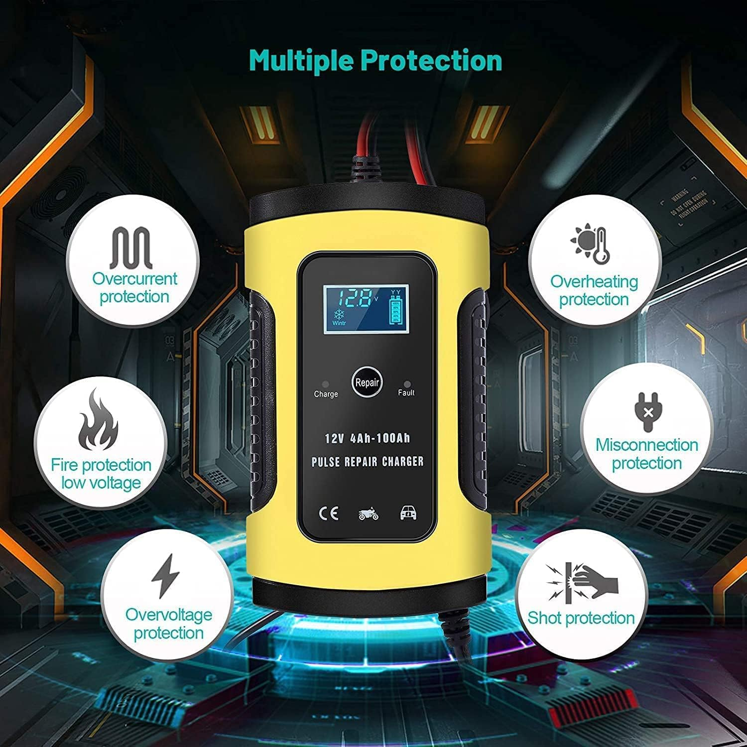 B-Qtech Car Battery Charger, 12V 6A Intelligent Automatic Battery Charger with LCD Screen, Portable Trickle Charger for Car, Motorcycle, RV, SUV, Lawn Mower, Boat, ATV and More image number 2