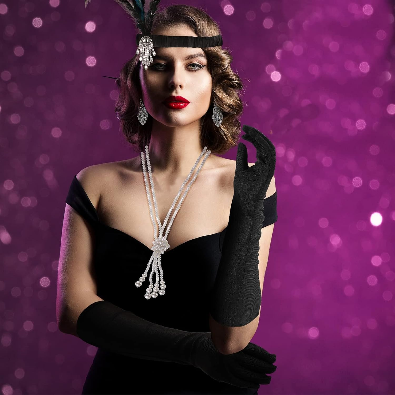 WOTOW 20S Accessories for Women - Roaring 20S Costumes Great Gatsby Accessories with Feather Headband Pearl Necklace Elegant Gloves Vintage Earrings Black Feather Fan for Party, 6PCS