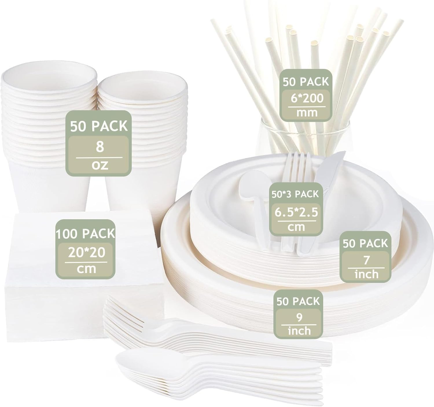 450PCS Biodegradable Dinnerware Set, Eco-Friendly Party Set for Party Supplies, Wedding, Anniversary, 7/9 Inch Plates, Napkins, Straw, Cups, Spoons, Forks and Knives (50 Guests) image number 6