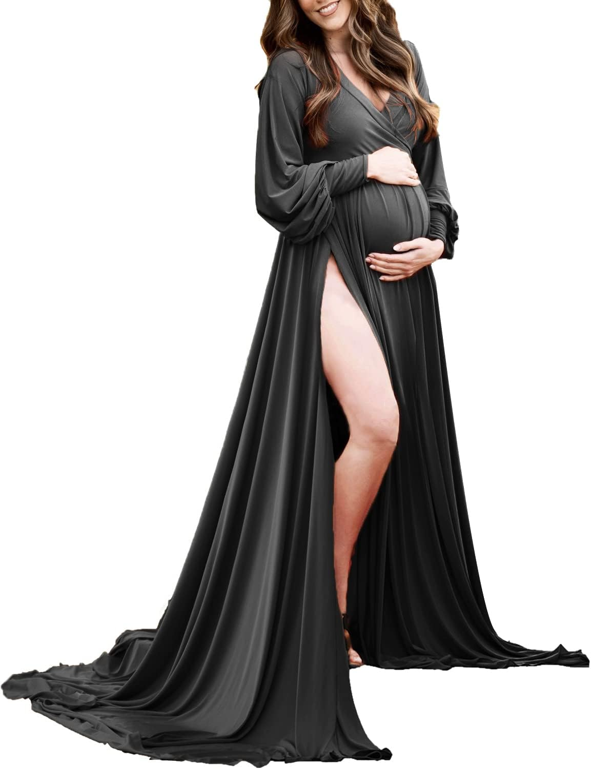 Choiyubella Maternity Gown Bishop Sleeves Baby Shower Dress Wrap Side Slit Sweetheart Maxi Photo Shoot for Photography