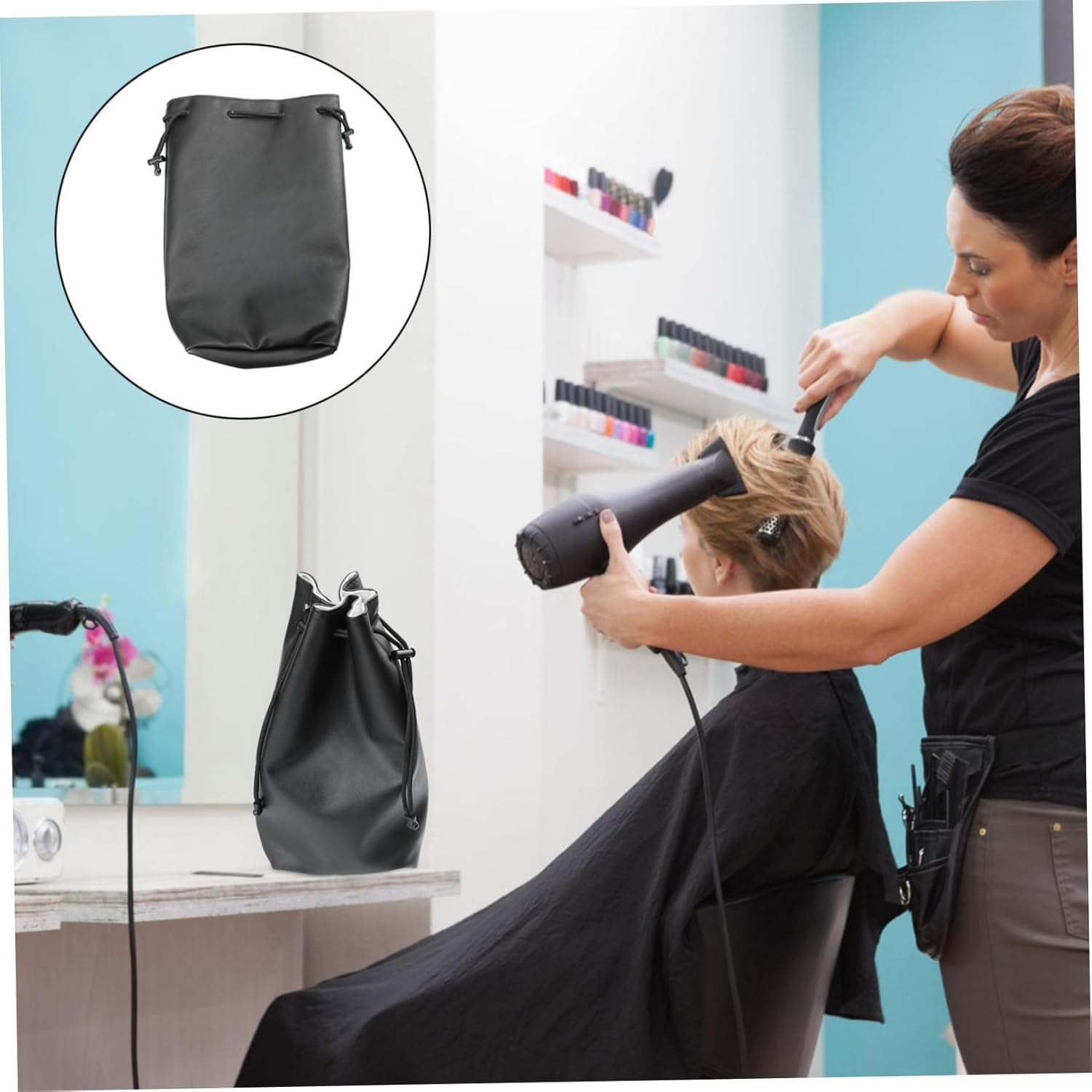 Beaupretty Pu Leather Hair Dryer Storage Bag Hanging Hook Hair Curler and Straightener Organizer Travel Carrying Case Black image number 6