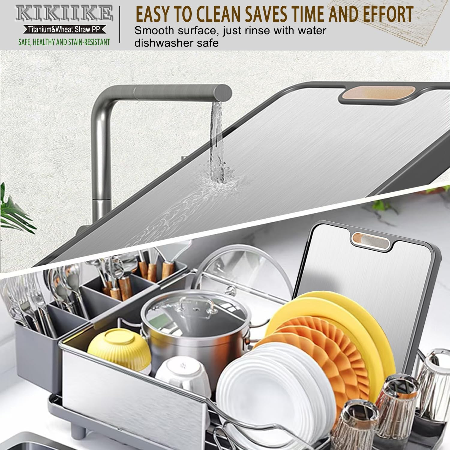 Titanium Cutting Board Double Sided,Pure Titanium Cutting Boards for Kitchen Double Sided Food Grade, Pure Titanium and Wheat Straw PP, Non-Stick Durable and Easy to Clean (Large) image number 2