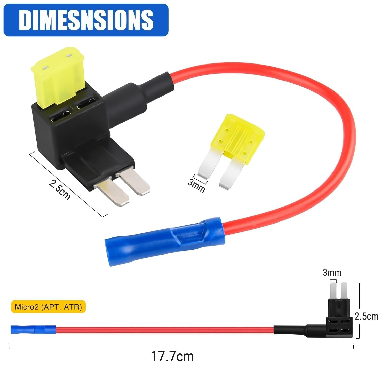 Ozchillon 5 Pack Micro2 Fuse Tap Kit 16AWG Wire &ndash; Micro 2 Fuse Adapter with Blue Terminals &ndash; Micro Blade Add-A-Circuit Piggyback Holders for Car, Ute, SUV, 4WD (5, 5AMP)