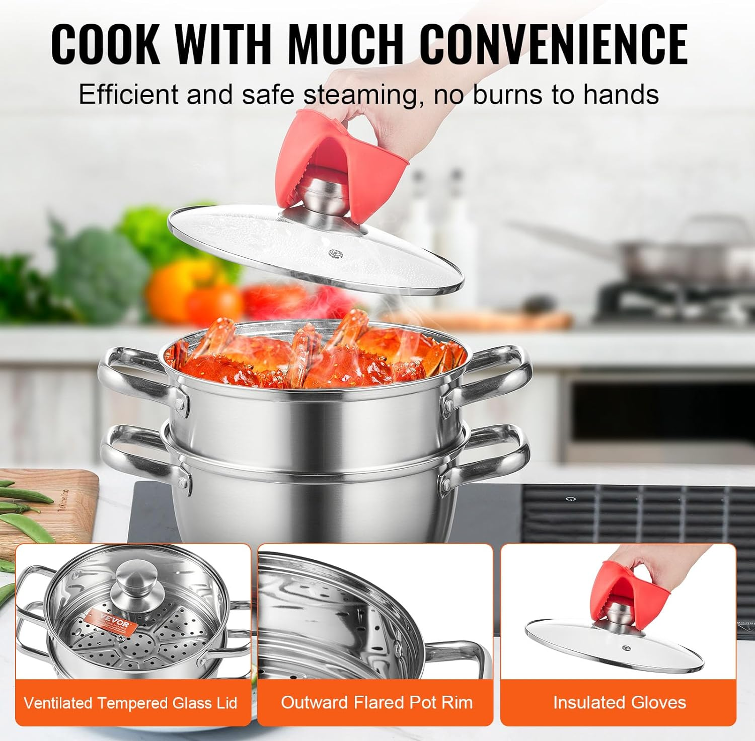 VEVOR Steamer Pot, 22Cm Steamer Pot for Cooking with 3QT Stock Pot and Vegetable Steamer, Large Capacity Stainless Steel Food Steamer Cookware with Lid for Gas Electric Induction Grill Stove