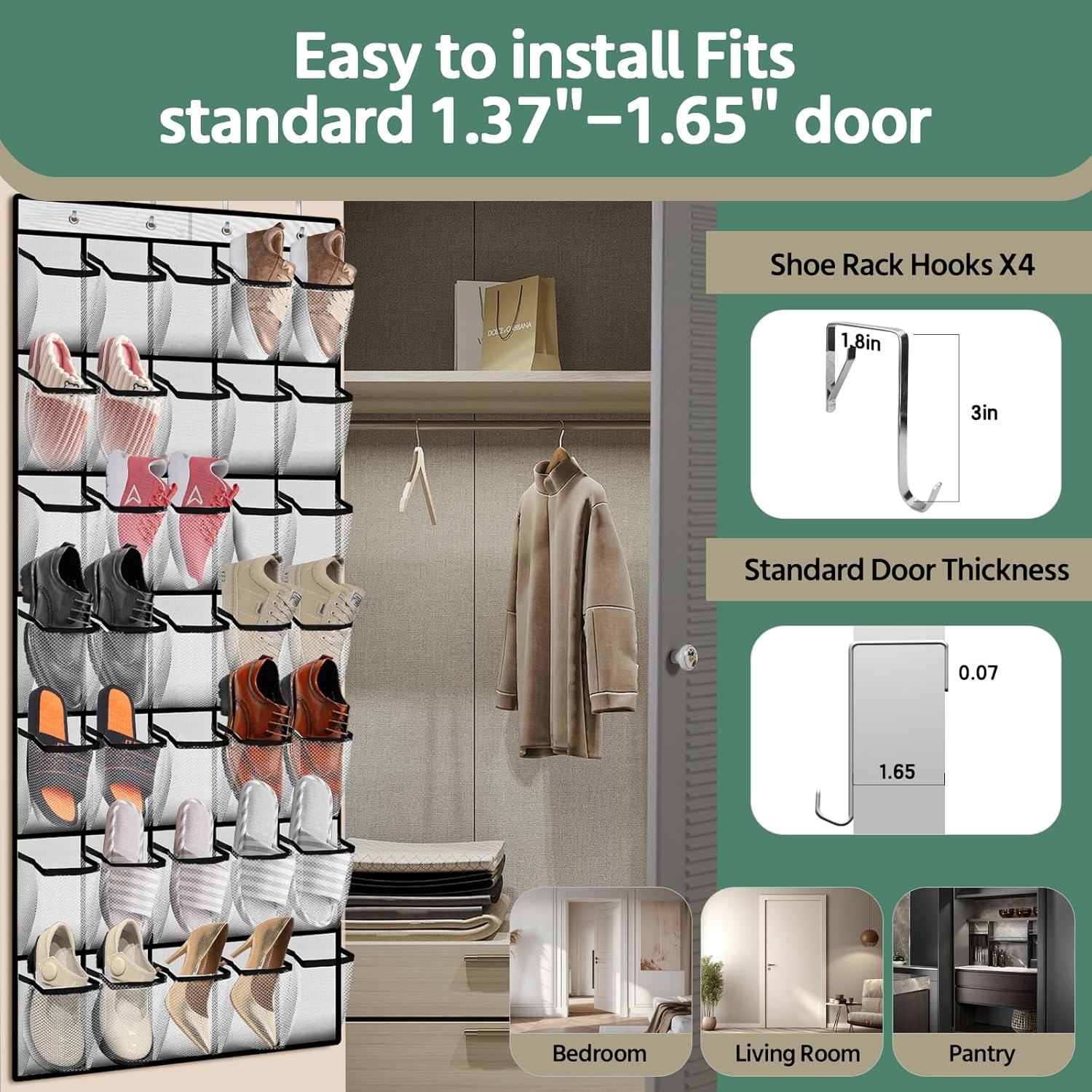 35 Pocket over the Door Shoe Organizer,Reusable Breathable Large Mesh Bag Men'S & Women'S Sneaker Organizer,Shoe Organizer for Kids,Hanging Shoe Storage Hanging Bag (White) - Black image number 2