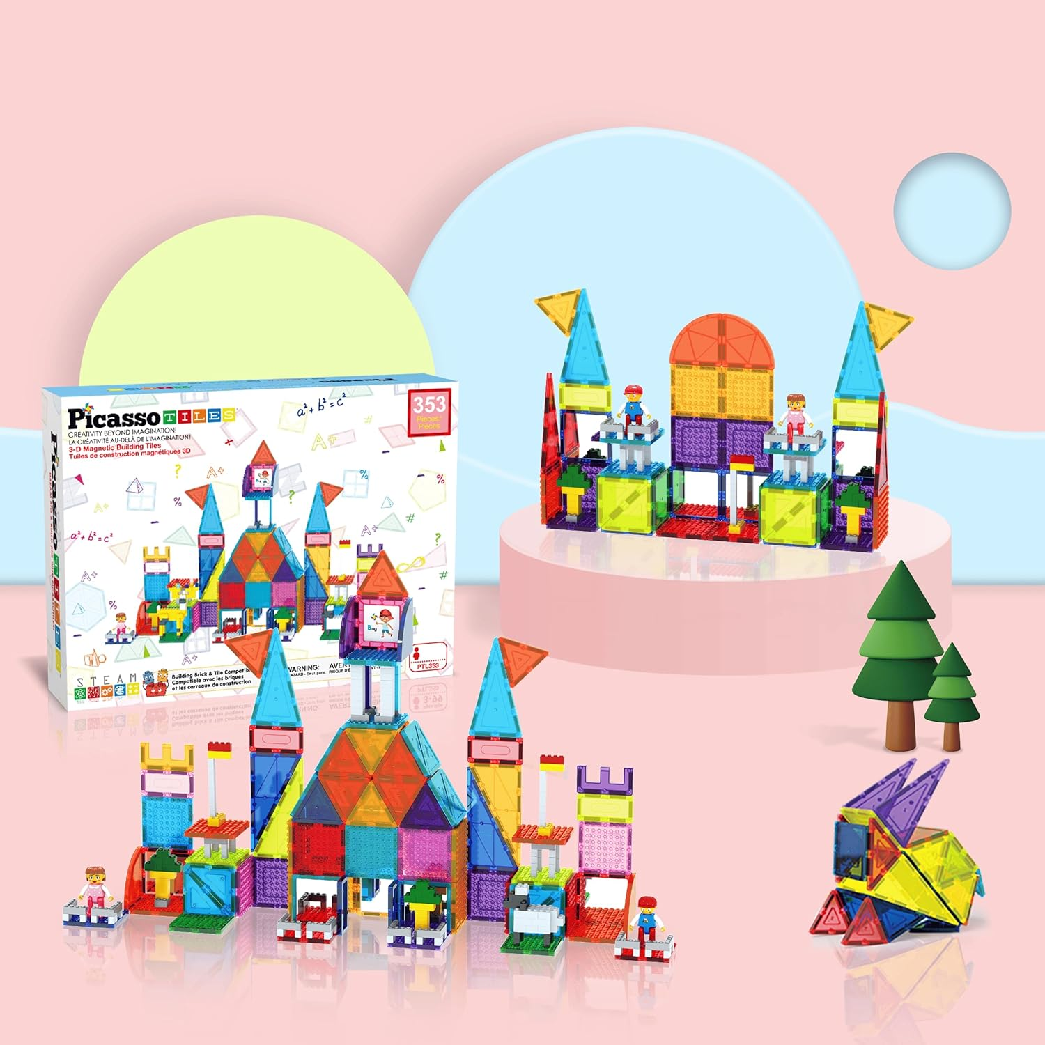 Picassotiles 353Pcsmagnetic Brick Tile and Magnetic Tile Combo Set, Action Figures Included, Building Blocks STEM Toys, Educational Montessori Preschool Toddler Classroom Learning Toys, Kids Activity