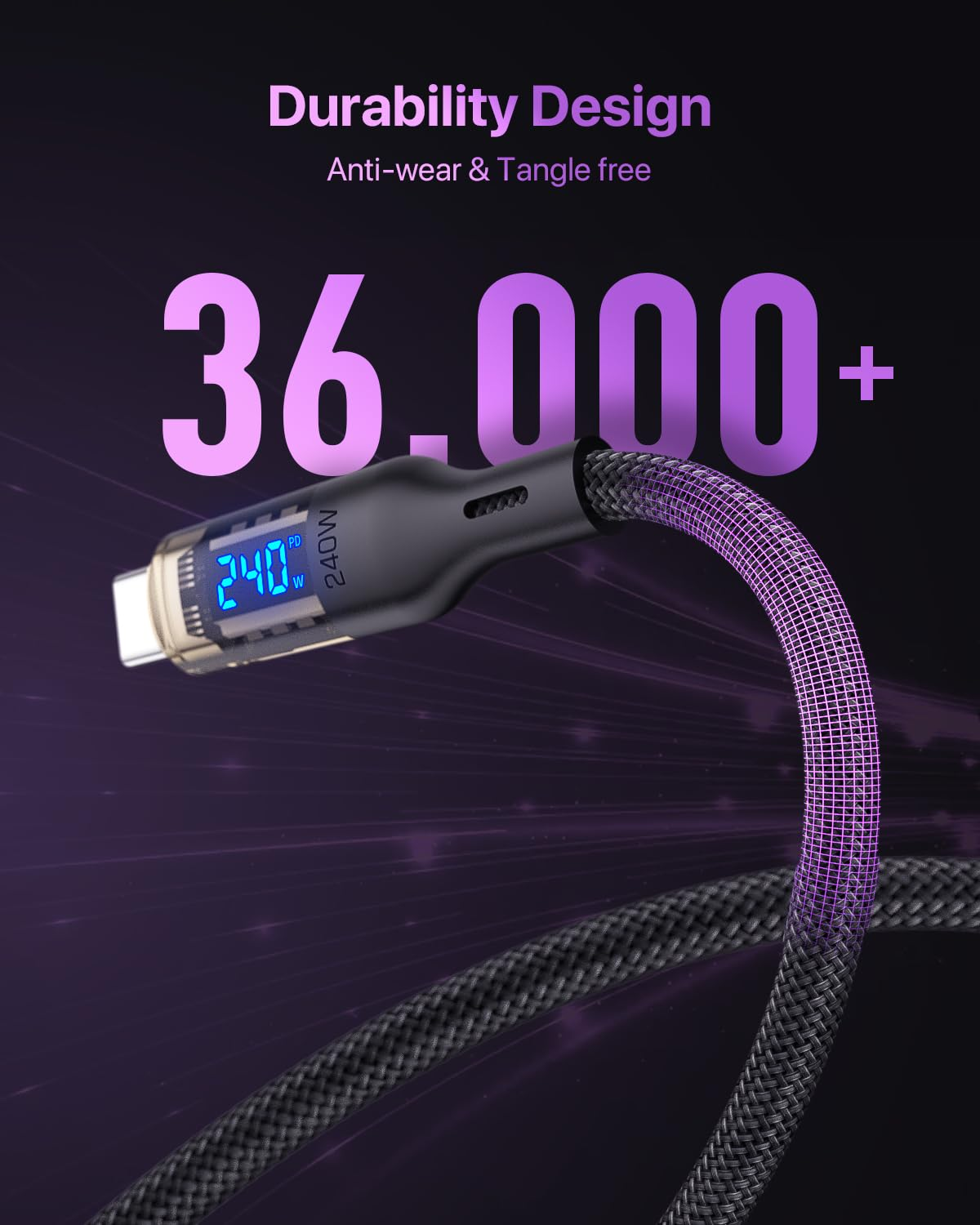 240W USB C to USB C Transparent Cable with LED Display Compatible with 140W 100W Fast Charging for Macbook Pro,Lphone15/15Pro/15Promax, Galaxy S23+/S23Ultra/S22,2M,Black