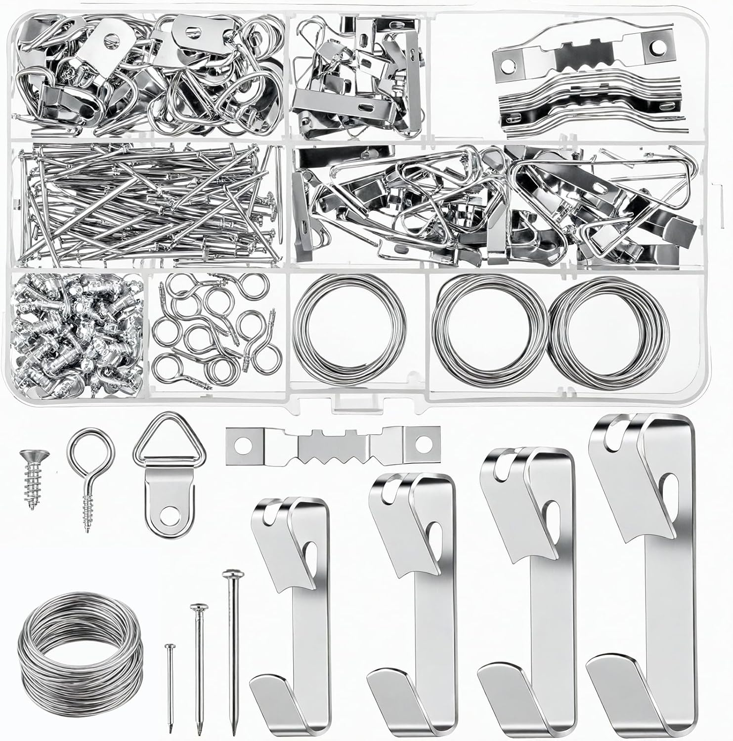 246Pcs Picture Hanging Kit - Picture Hangers Assorted Kit with Heavy Duty Wall Hooks, Sawtooth, Picture Wire, Hardware Nails, Eye Hooks and Picture Hanging Tool for Frame Canvas Mounting image number 6