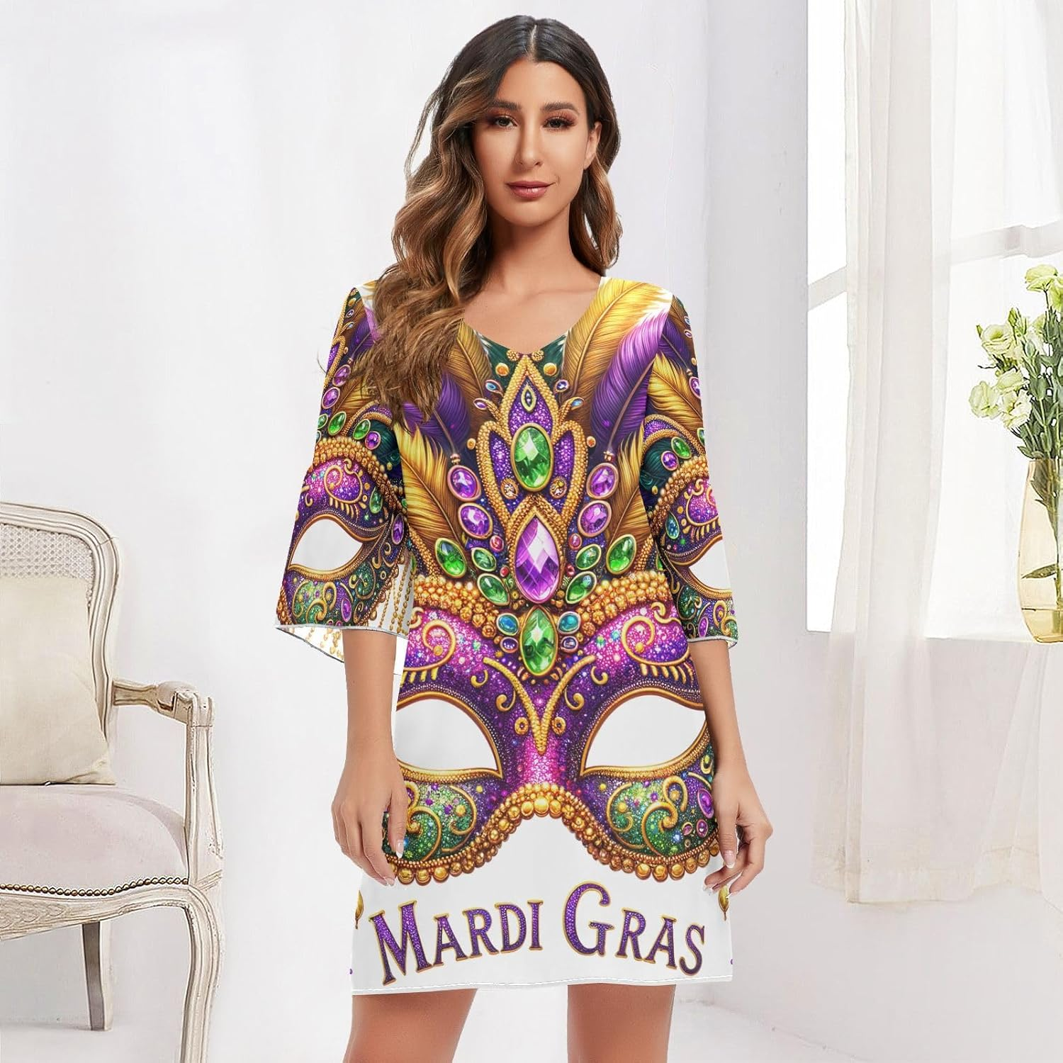 Beautiful Mardi Gras Mask Short Chiffon Dress Printed Chiffon Line Maternity Dress image number 1