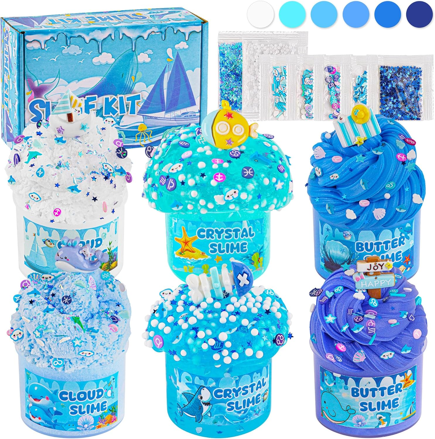 6 Packs Gradient Blue Slime Kit - Cloud Slime, Butter Slime & Clear Slime, Crunchyslime for Kids with Various Add-Ins, Non Sticky Party Favors for Girls and Boys, 360Ml Kids Slime (Ocean)