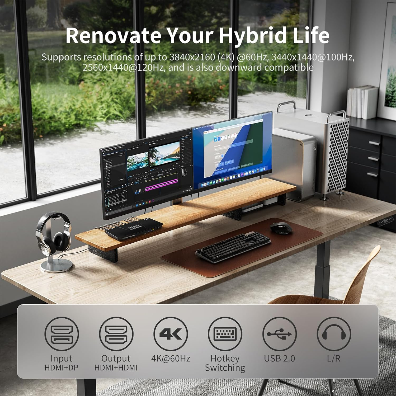 Tesmart Displayport HDMI KVM Switch Dual Monitor 4K60Hz, 2 Monitors 2 Pcs KVM Switch with EDID Emulator, 2 Port Extended Display & L/R Audio, USB 2.0, with Input Cable | for Home Office/Gaming image number 3