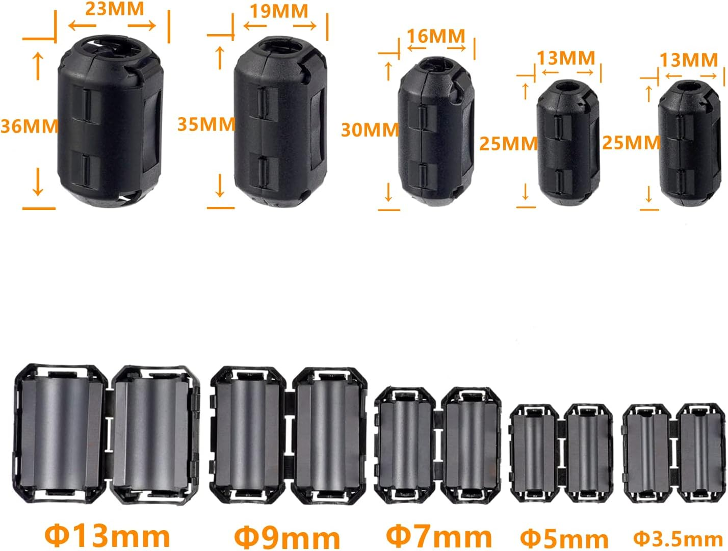 HUAREW 60 Pcs Black Clip-On Ferrite Ring Core RFI EMI Noise Suppressor Cable Clip for 3.5 Mm 5Mm 7Mm 9Mm 13Mm Diameter Cable image number 5