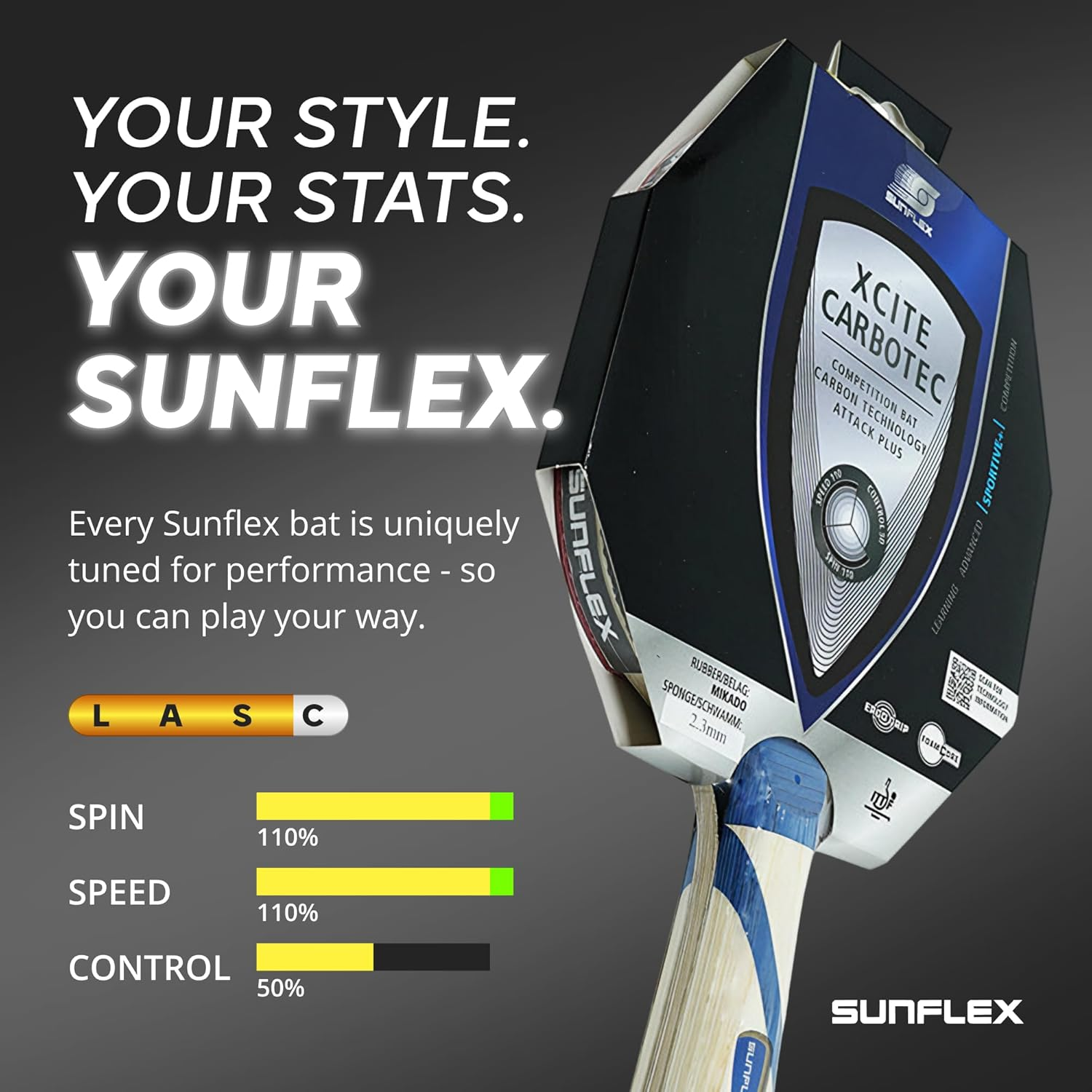 SUNFLEX Xcite C45 Carbotec Table Tennis Bat, Competition Level Bat, with Carbon Power Blade & Foam Core Grip for Precision Control, ITTF Approved Mikado Rubber & 2.3Mm Sponge image number 2