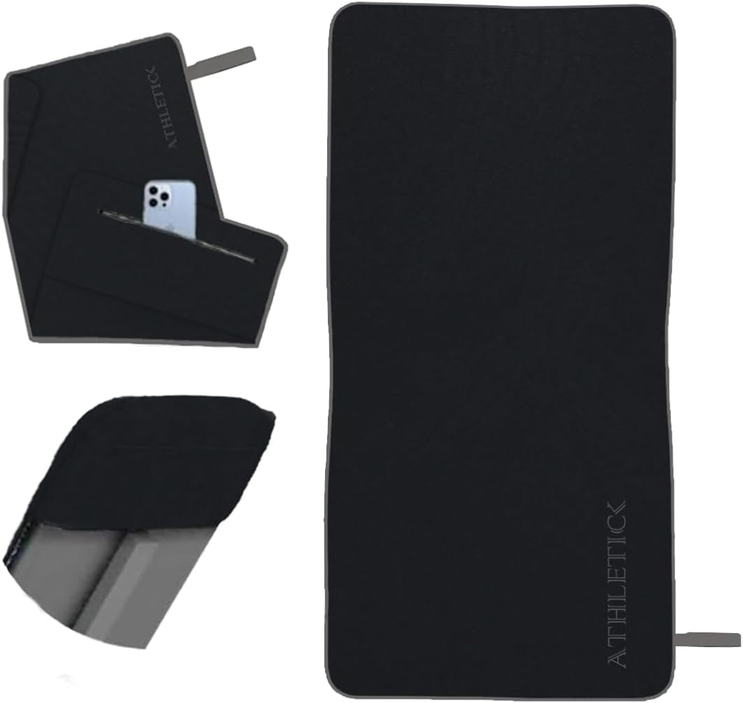 Towel with Pocket (90X40 Cm) Hooded Gym Towel with Zip Pocket Microfibre Yoga, Swimming,Ultra Soft, Sweat,Quick Dry Towel for Men & Women,Multi-Purpose Gym Accessory (Black)