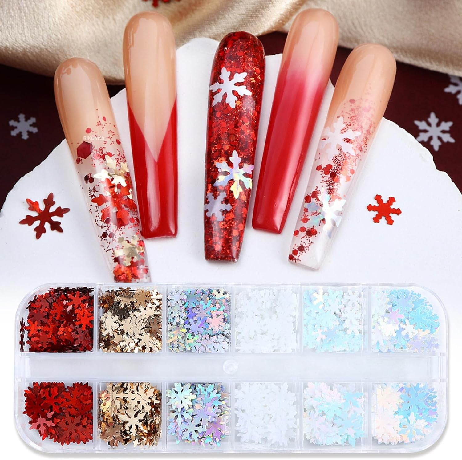 Itadaku 12 Grids Christmas Snowflake Nail Glitter, Holographic Sequins for Winter Art, Red & White Snowflake Decorations for DIY Crafts and Holiday image number 4