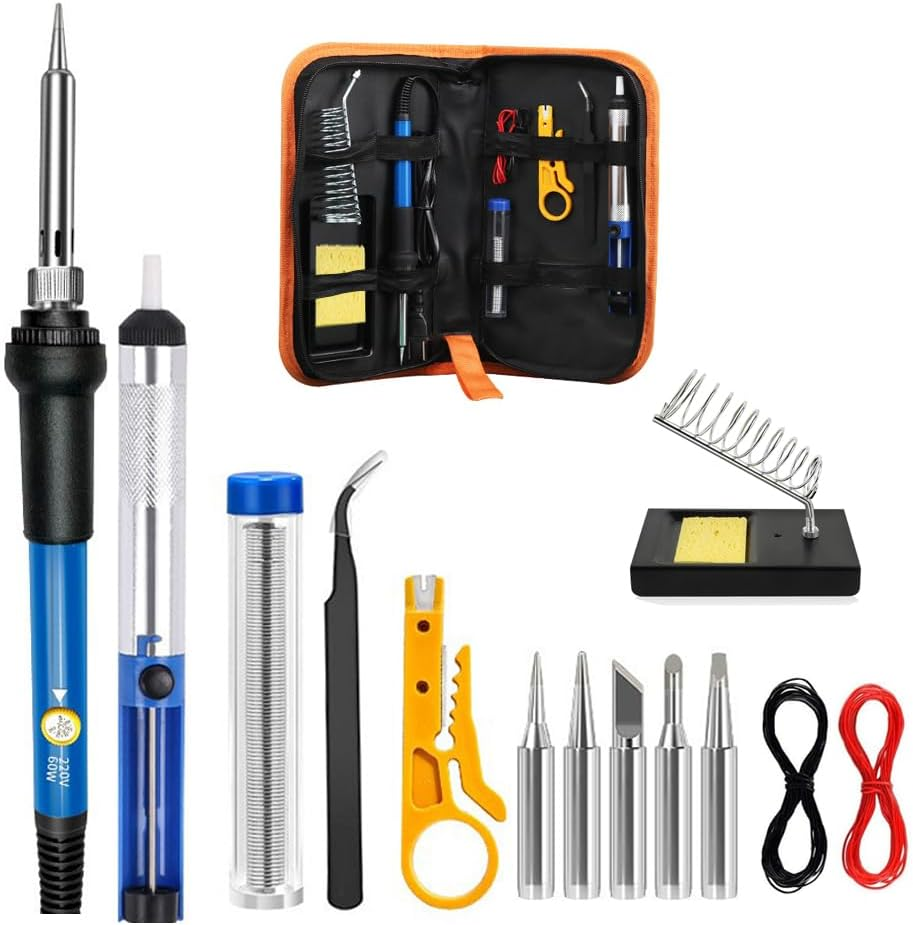 60W Soldering Iron Kit, 15 in 1 Soldering Kit, Adjustable Temperature Soldering Iron. Electric Welding Tool, with 5 Soldering Iron Tips, Mini Wire Stripper, Solder Tube, Soldering Iron Stand, Tweezers image number 2