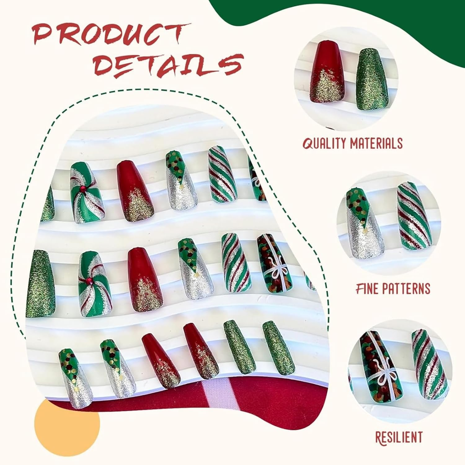 Itadaku 24 Pcs Christmas Press on Nails, Medium Length Acrylic Red Green Stripe and Tree, French Square False Nail with Glue image number 1