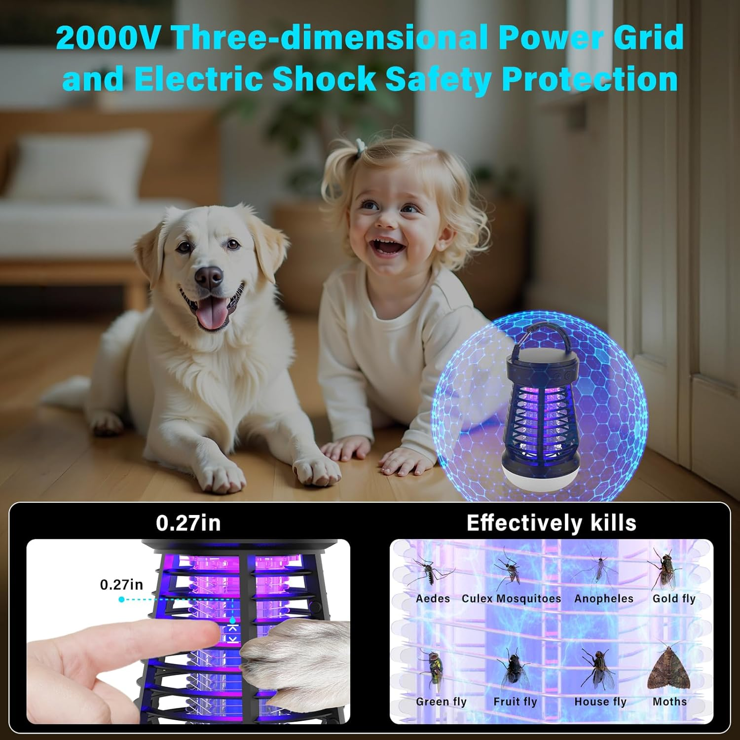 2 in 1 Rechargeable Bug Zapper & Camping Lantern, Second-Generation Dual-Band Frequency Conversion Outdoor Mosquito Killer, 2000V Portable Electric Fly Killer for Home, Garden and Camping image number 4