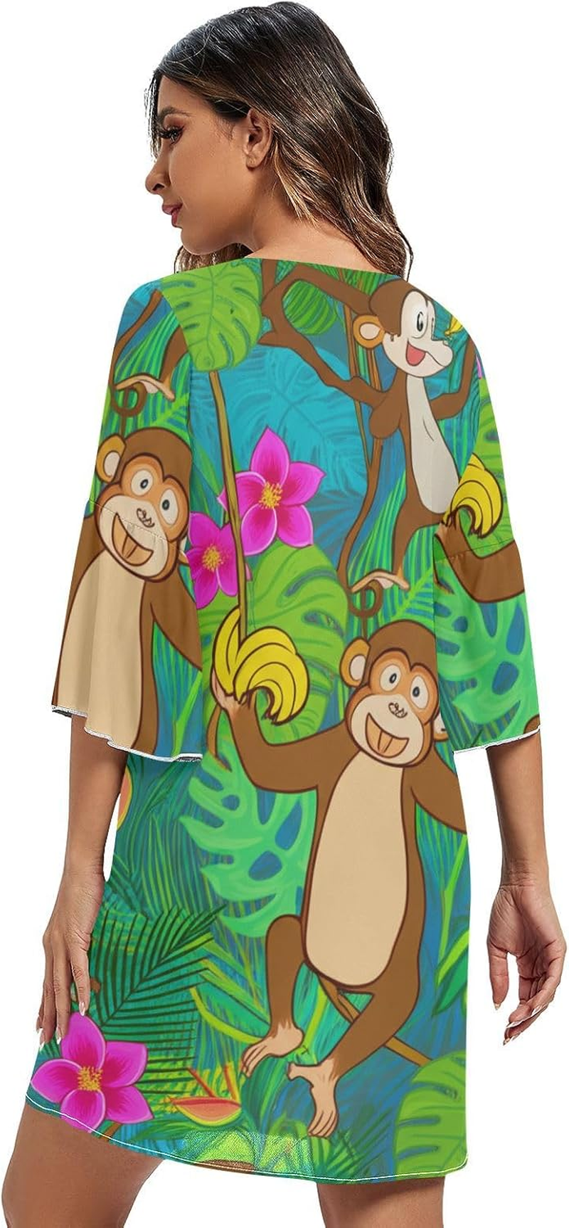 Playful Monkeys Jungle Green Short Chiffon Dress 3/4 Sleeve Maternity Dress Party S-XXL