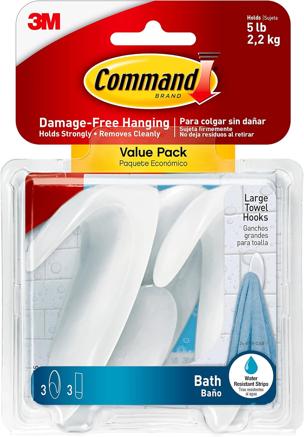 Command Towel Hook Value Pack, Large, Clear Frosted, 3-Hooks, 3-Large Water-Resistant Strip (BATH17-3ES) image number 1