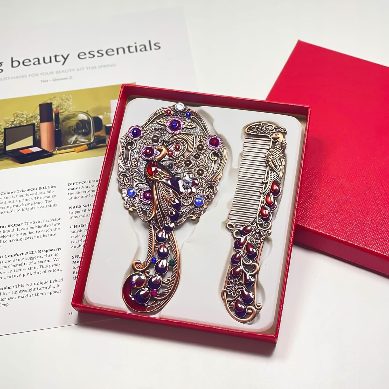 Vintage Peacock Hand Mirror and Comb Set, Bronze Metal, Antique Victorian Style, 2-Piece Vanity Gift Set image number 1