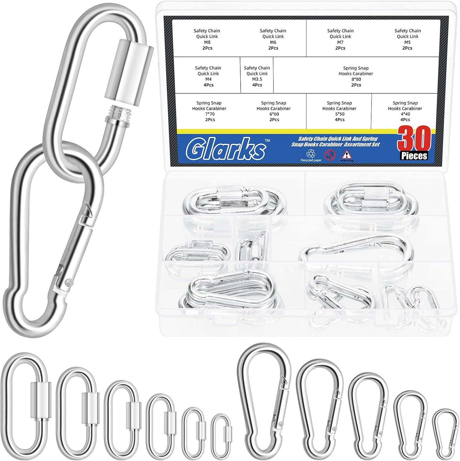 Glarks 30Pcs 2 Styles M3.5/4/5/6/7/8 Quick Link Chain Connector and Spring Snap Hooks Carabiner Set, 16Pcs D Shape Locking Carabiner and 14Pcs Spring Carabiner Clips for Camping, Riging